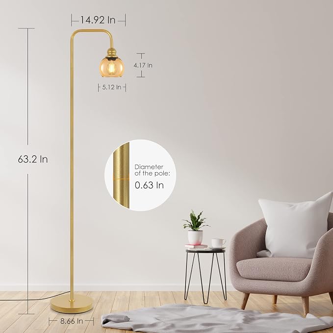 Modern Floor Lamp for Living Room with 6W LED Bulb, Industrial Floor Lamp, Amber Glass, Classic Reading Tall Lamp for Home Office, Standing Lamp for Study, Minimalist, Vintage, Mid Century, Brass Gold