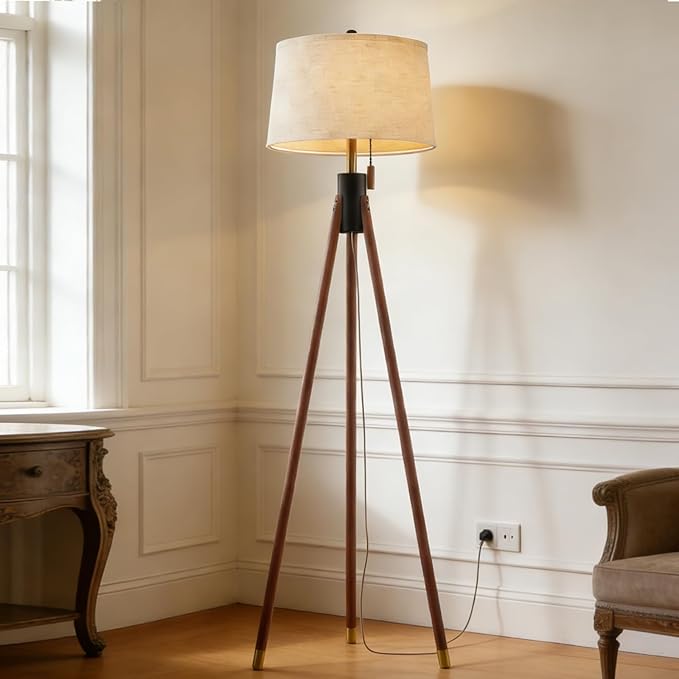 Mid Century Modern Tripod Floor Lamp, Gold Accented Two-Tone Solid Wood Floor Lamp with Black-Finished Solid Wood Center, Linen Shade & Pull Chain, Tall Lamp for Living Room Bedroom Reading Corner