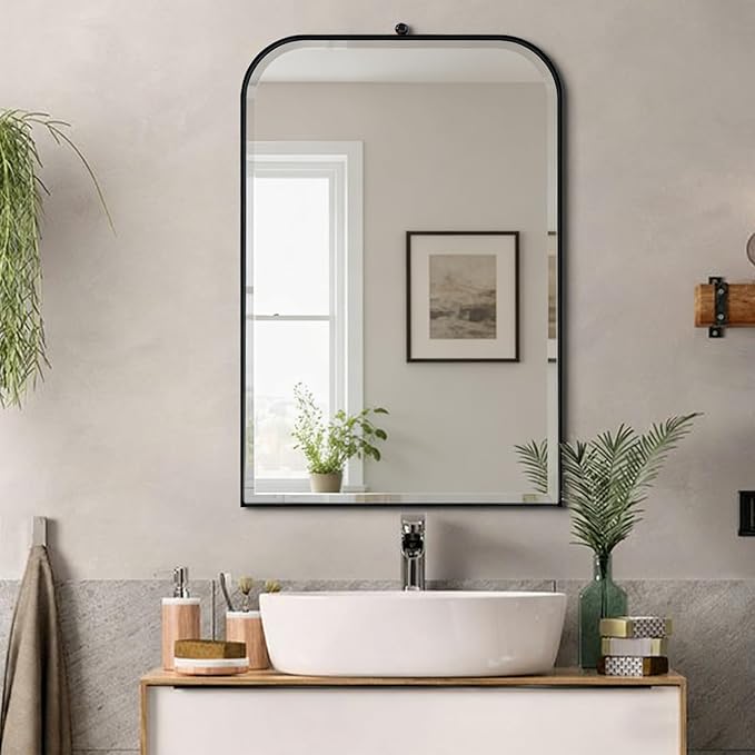 POZINO Rectangle Beveled Mirror, 24"x38" Bathroom Mirror for Over Sink, Modern Vanity Mirrors with Stainless Steel Frame, Black Oblong Wall Mirrors for Living Room Bedroom Entryway Fireplace