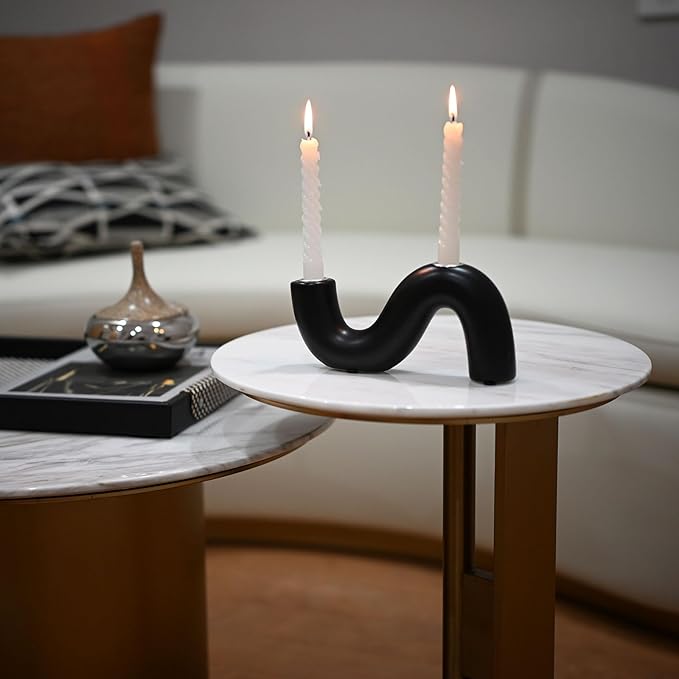 Ceramic Candle Holder, Modern Taper Candlestick Holder for Dining Table, Living Room Coffee Table, Candelabra for 2 Taper Candles-Black