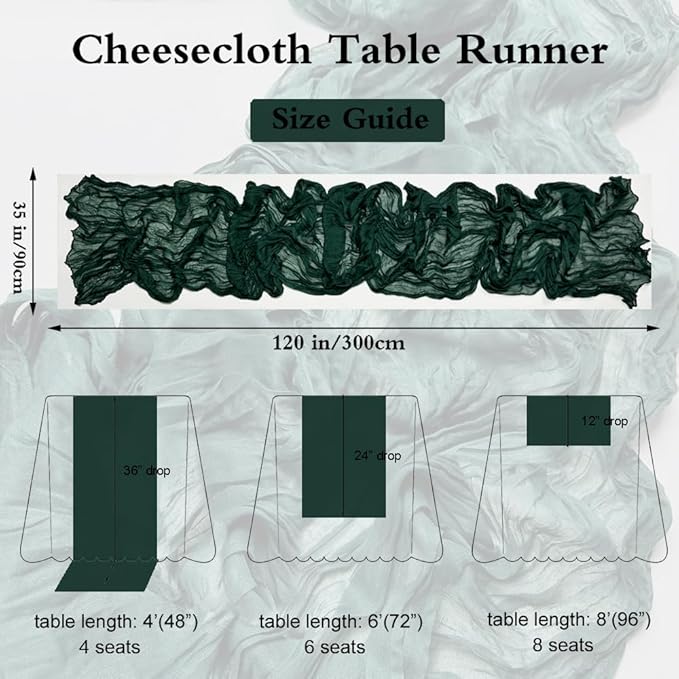 Booque Valley Christmas Table Runner 3 Pack Green Cheesecloth 10ft Soft Boho Wrinkled Decorative Gauze Sheer for Holiday Party Baptism Wedding Centerpiece Table Decor, 35x120 Inch