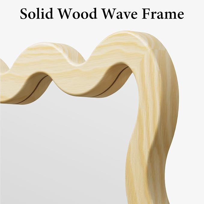24"x36" Wood Bathroom Mirror & Wavy Wall Mirror, Large Solid Wood Asymmetrical Mirror for Vanity, Natural Wooden Frame Squiggle Mirror, Japandi Boho Aesthetic Decor