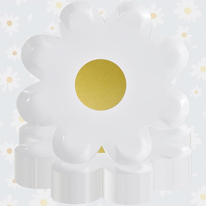 40pcs Daisy Paper Plates Disposable Daisy Flower Shaped Dinner Plates Groovy Party Plates Summer Retro Boho Hippie Dessert Paper Tray for Birthday Wedding Party Supplies (7 inch/White Daisy)