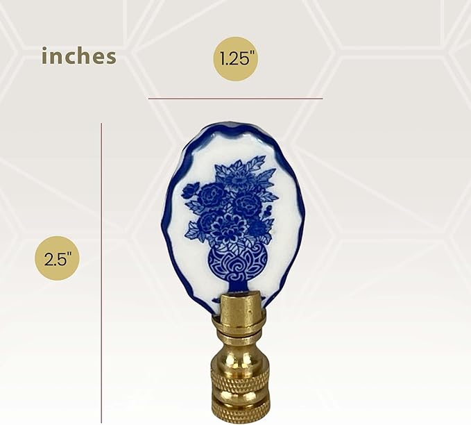 Royal Designs, Inc. Blue & White Porcelain Oval Flowers Vase Design Finial for Lamp Shade, Polished Brass