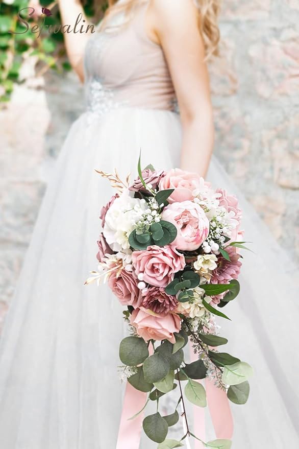 Serwalin 9.8 Inch Wedding Bouquets for Bride Bridesmaid, Dusty Pink Peonies Bridal Bouquets for Bride, Wedding Flowers Bouquet Tossing Bouquet, Wedding Ceremony and Anniversary Day Decor