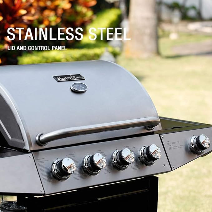 MASTER COOK 4 Burners Gas Grill, 518 Sqin Cooking Area, 52,000 BTU Propane Grill with Side Burner, Stainless Steel Cabinet Grill, Silver & Black
