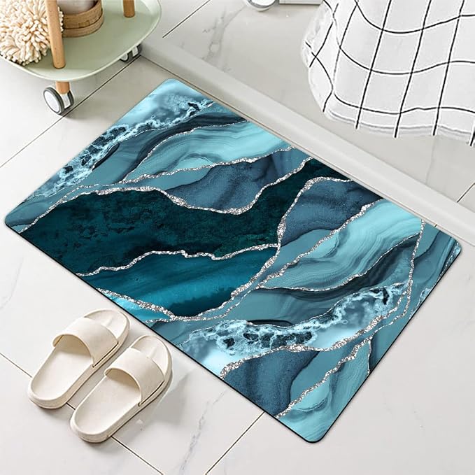 Diatomaceous Earth Bath Mat,Blue and Silver Marble Non-Slip Volume Super Absorbent Fast Drying for Bathroom Kitchen Door mat,Eco-Friendly Easy to Clean 20×31Inch(50 * 80cm)