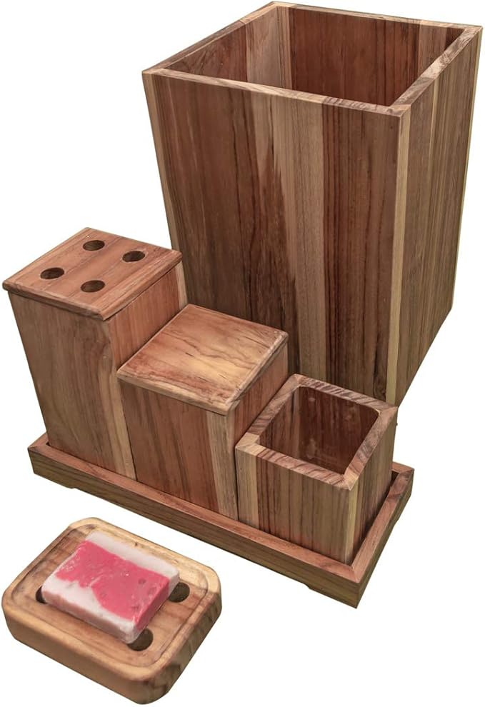 EcoDecors, Eleganto, 8 Piece, Teak Wood Bathroom Amenities Set, Teak Bath Amenity Set, Bathroom Accessory, in Natural Color