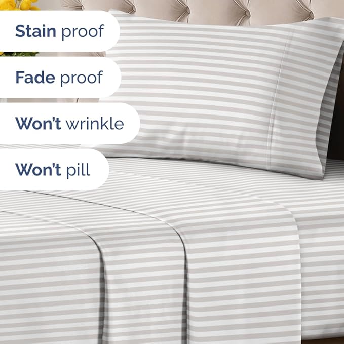 Light Grey and White Striped Sheets - 1 Flat & 1 Fitted Sheet & 1 Pillowcase w/ Deep Pockets - Wrinkle & Fade Resistant - Ultra-Soft, Breathable & Cooling - Luxury Pinstripe Bedding - Twin Size