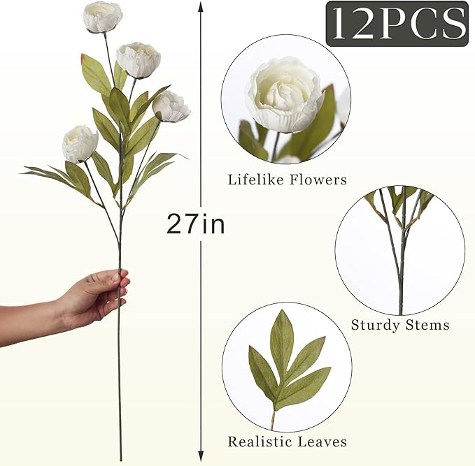 VIERENA 12 Pcs Faux Silk Peony Artificial Flowers for Vase -27", Bulk Fake Peonies Branches with Stems for DIY Bouquet Centerpieces Wedding Fillers Arrangements Shower Decorations (Cream)