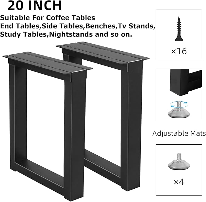 20" Metal Table Legs with Adjustable Protector Feet, Heavy Duty Furniture Legs Set of 2, Modern Desk Feets for DIY Dinning Coffee Tables, Rectangle Shape (20”H x 13”W)