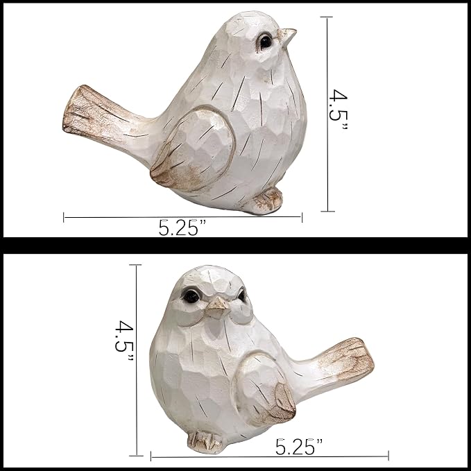 KiaoTime Farmhouse Bird Decor Resin Bird Figurines - Set of 2, Vintage & Modern Bird Decor Statue for Home Decor Accents, Cottage Bird Ornaments Decoration New White Carved Rustic Bird Figurine