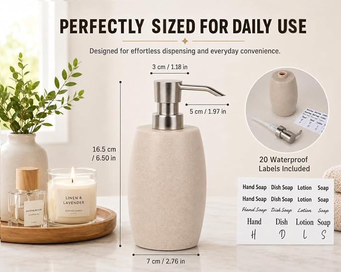 Clasin Home Sandstone Textured Resin Soap Dispenser with Metallic Pump and Waterproof Bottle Labels for Bathroom Kitchen Dish Hand Wash Shower Lotion Shampoo, 12 Oz, 2 Sets Beige