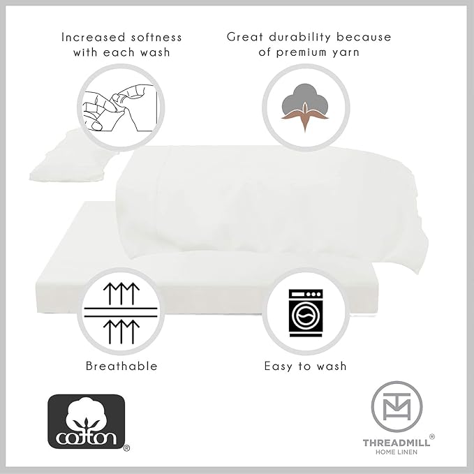 Threadmill - Twin Sheets Sets Soft 100% Cotton Cooling Sheets Deep Pocket Snug Fit Elastic, 500 Thread Count, 3-Pc, Hotel Quality Bed Sheets, Beats Egyptian Cotton Claim (Pure White)