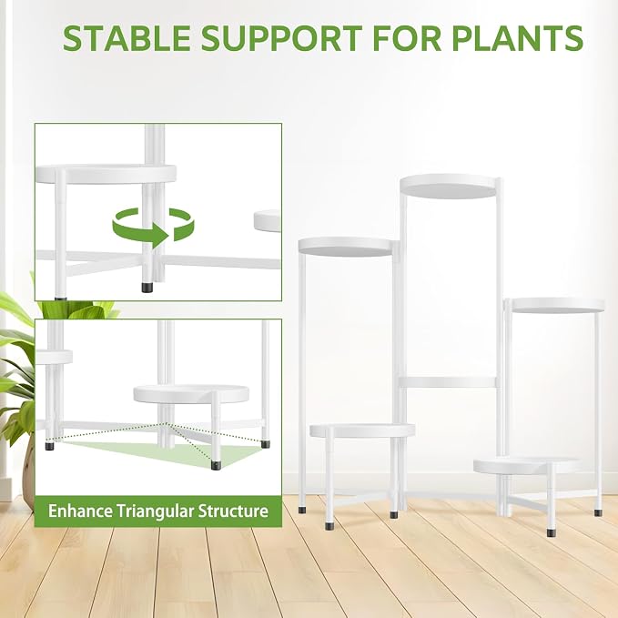 iDavosic.ly 6 Tier Large Plant Stand Indoor with 10 Inch Wide Tray, Tiered Corner Metal Outdoor Flower Display Holder Shelf, Folding Tall Rack for Patio Porch Living Room, White