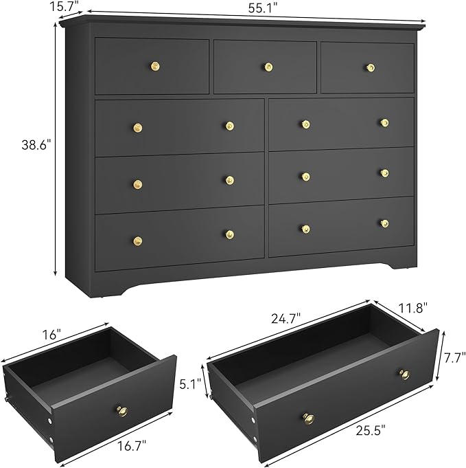 Black Dresser for Bedroom，55" Wide 9 Drawers Dressers,Modern Wooden Chest for Living Room, Hallway