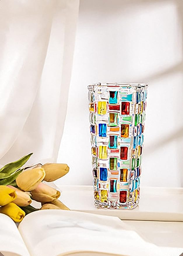 Magcolor Hand Painted Colorful Woven Glass Vase -Crystal Flower Vase- 7.7 inch, Glass Plant Vase for Floral Arrangements, Centerpieces, Weddings, Housewarming, Centerpiece Home Deco