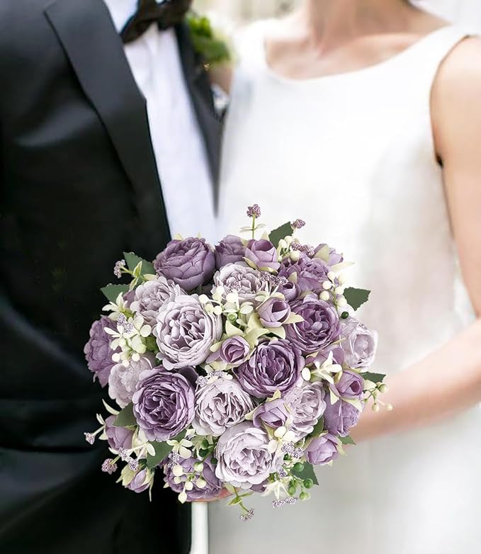 Mkono Peonies Artificial Flowers, Small Silk Flowers for Home Decor Indoor Fake Bouquet Faux Floral Arrangements Dining Table Centerpieces for Kitchen Bridal Wedding Party Decor Purple