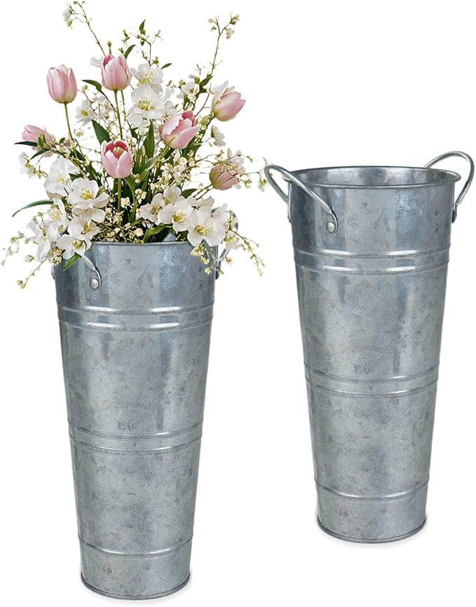9 Inch Galvanized Metal Vases for Flowers - 2 Pcs Farmhouse Decorative Tall Flower Bucket with Handles, Rustic French Tin Planter Buckets for Wedding Decor (Silver)