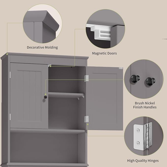 Gizoon Over The Toilet Storage Cabinet with Adjustable Shelf and Double Doors, Bathroom Space Saver Organizer Above Toilet with Open Shelf, Taller Wooden Free Standing Toilet Rack -Grey