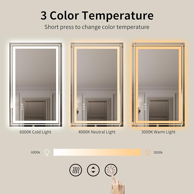 WTTY LED Bathroom Mirror with Backlit and Front Light,40"x24",Stepless Dimmable LED Mirror for Bathroom,Anti-Fog Lighted Bathroom Vanity Mirror Modern for Wall,Memory Function,Shatter-Proof