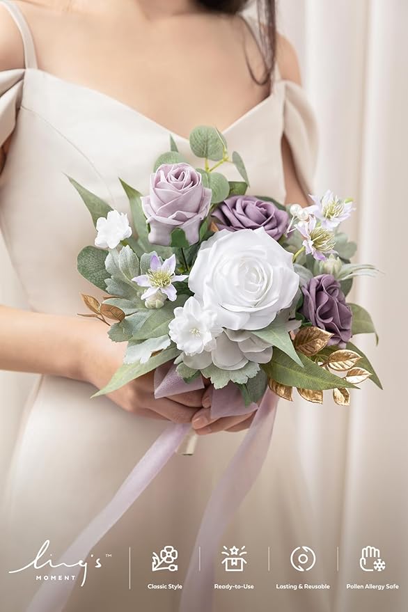 Ling's moment Purple Bridesmaid Bouquet, Wedding Bouquets for Bridesmaids, 7 Inch Bridal Bouquets for Bridesmaids, Wedding, Ceremony, Anniversary, etc.