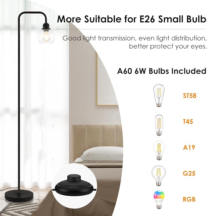Modern Floor Lamps for Living Room with 6W LED Bulb, Industrial Floor Lamp, Clear Glass, Black Classic Reading Tall Lamp for Home Office, Standing Lamps for Bedroom, Study, Minimalist, Vintage