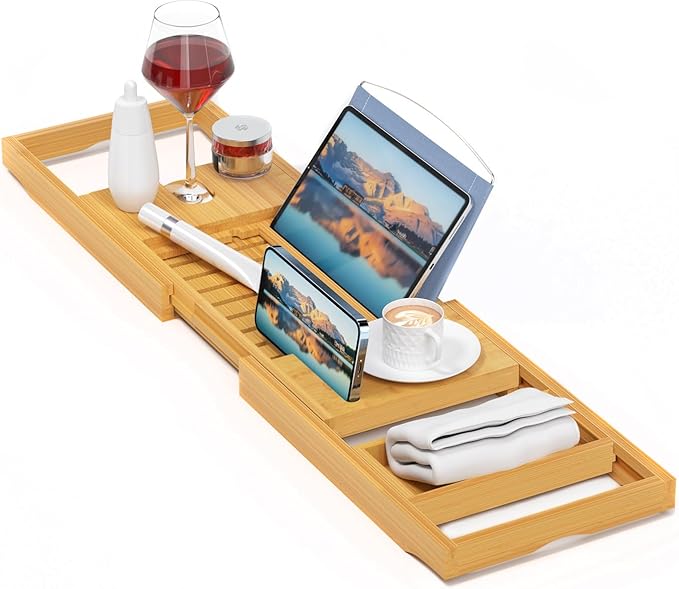 Sen Yi Bao Luxury Bamboo Bathtub Tray - Wooden Expandable Caddy with Book, Tablet, Wine Holder - Gift Idea