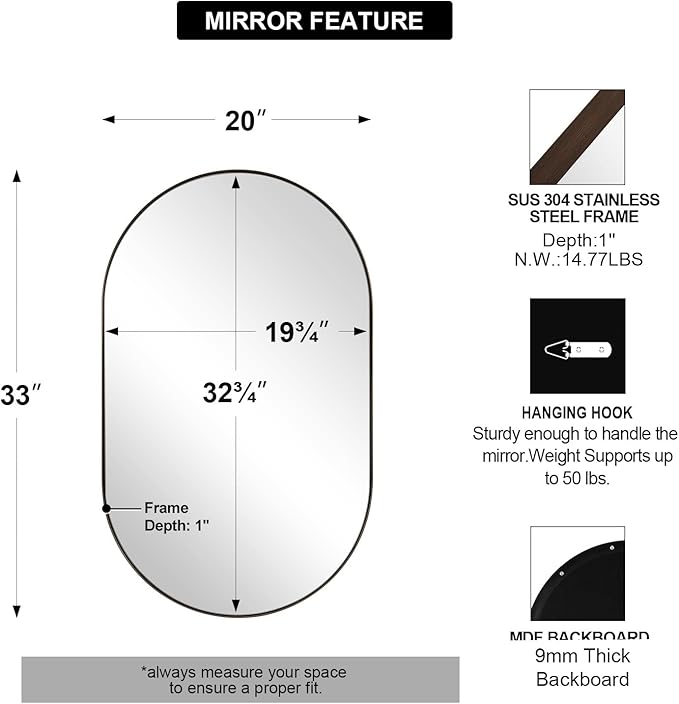 ANDY STAR Bronze Oval Mirror for Bathrooml, 20x33 Oval Bronze Mirror in Stainless Steel Metal Frame Deep 1’’ for Bathroom, Bedroom, Living Room, Entryway, Hang Vertical or Horizontal