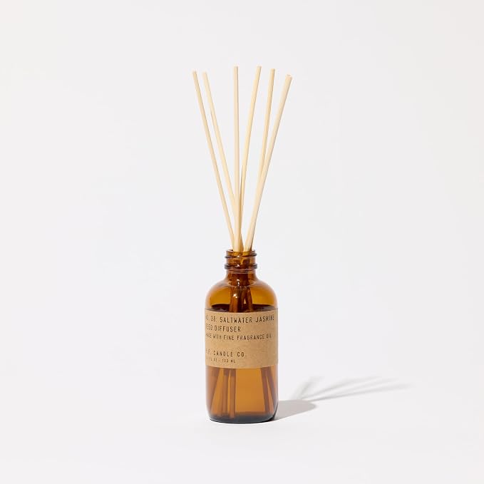 P.F. Candle Co. Classic Scented Rattan Reed Diffuser (3.5 fl oz) Amber Glass Jar, Fine Fragrance Oil, Low Maintenance Scent Throw (Saltwater Jasmine, 3.5 fl oz)