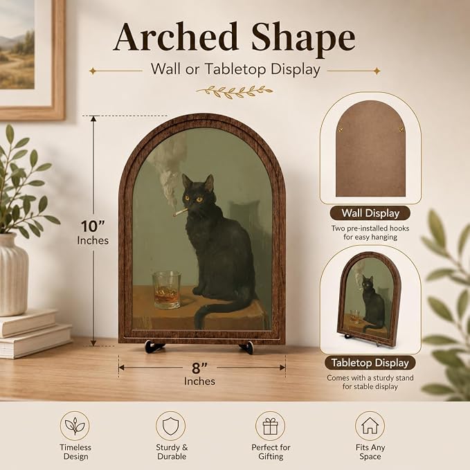 Wooden Sign with Stand Decoration, Black Cat Decor Arched Wooden Frame Tabletop Sign, Vintage Gothic Cat Portrait Shelf Decor for Bedroom Living Room Desk Bookshelf Mantel Office