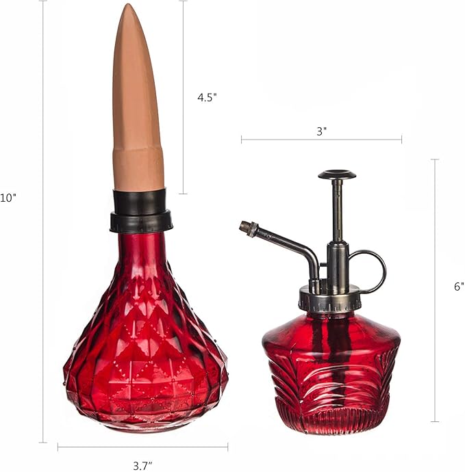 Glass Mini Watering Can Vintage Plant Mister Flower Water Spray Bottle and Faceted Glass Plant Watering Globe with Terracotta Spike,Red
