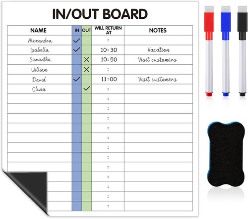 Lincia In/Out Dry Erase Board - 13" x 12" Frameless Employee Planner with Marker & Eraser