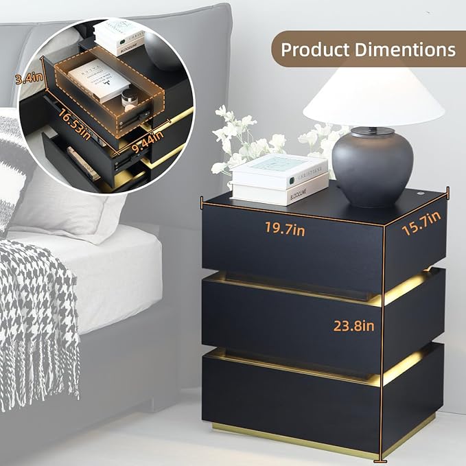 Black Nightstand, LED Bedside Table with 3 Storage Drawers, Modern End Table with Charging Ports & Outlets, Bedside Tables for Living Room/Bedroom
