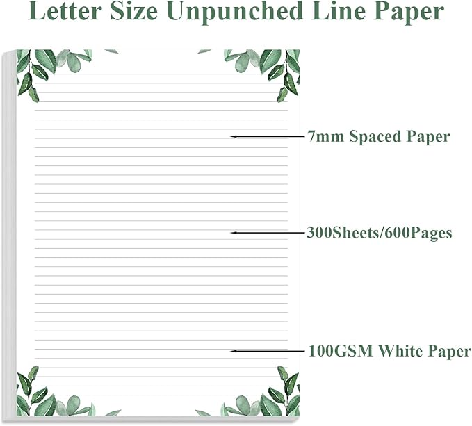 (3-Pack) Stationery Lined Paper, Letter Size Unpunched Ruled Filler Paper, 300Sheets / 600Pages Loose-Leaf Line Paper, 100gsm White Paper, 8.5'' x 11'', Leaf