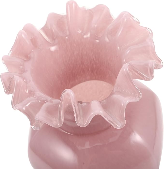 Pearlescent Pink Glass Decorative Vase with Artistic Curved Rim Handblown Artistic Planter for Flower Bouquets Unique Home Accent for Living Dining Table Office and Wedding Decor