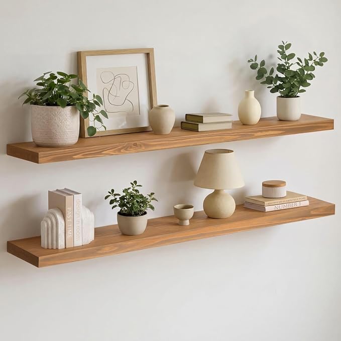 Homeforia 48 inch Golden Oak Floating Shelf, High End Solid Real Wood 48inch Small Floating Shelves for Wall Mounted, Oak Wooden 48in Floating Shelves, Heavy Duty Bracket, 48 X 6.5 X 1.75 in, Set of 2