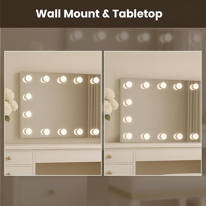 WTTY 60"x28" Hollywood Vanity Mirror with Lights, Wall-Mounted Makeup Mirror with 3 Color Temperatures, Stepless Dimmable Bulbs, Anti-Fog & Shatter-Proof