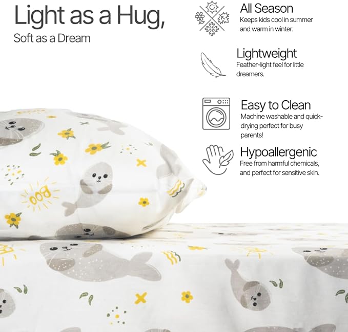 Salt Earth 100% Cotton 210TC Kids Bedsheet, Twin Sheet Set, Toddler Bed, 4-Piece Set – 2 Fitted Sheets & 2 Pillowcases, Themed Toddler Bed Sheets, Cute Kids Bedding (Cow/Seal)