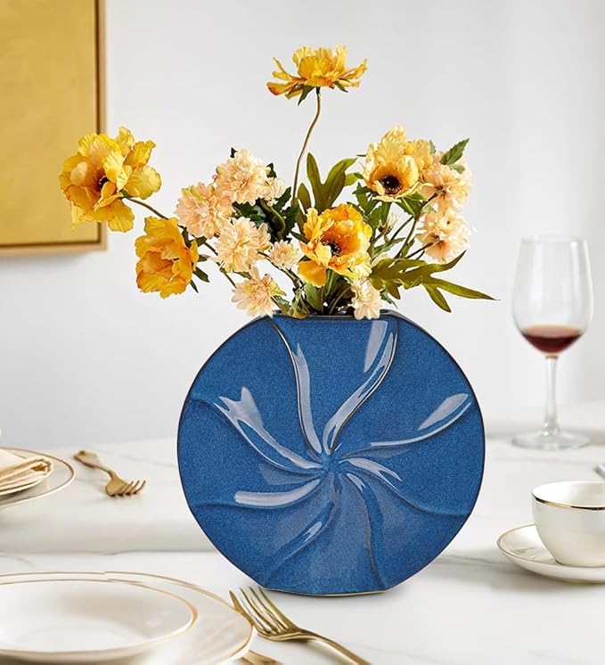 Blue Ceramic Vase for Home Decor – 13" x 11.8" Modern Decorative Vase for Pampas Grass, Artificial Flowers & Dried Bouquets – Elegant Textured Flower Vase for Living Room, Bedroom & Office