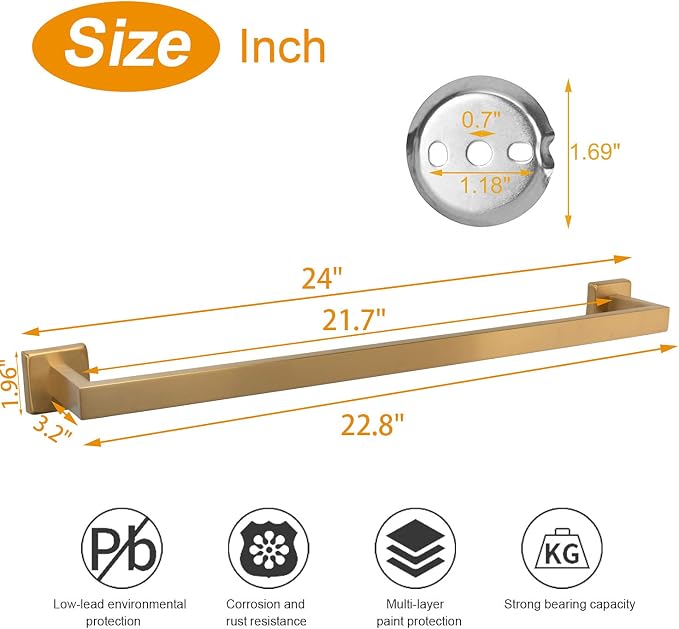 TocTen Bath Towel Rack - Square Base Thicken SUS304 Stainless Steel Towel Bar for Bathroom, Bathroom Accessories Towel Rod Heavy Duty Wall Mounted Towel Holder. (Brushed Gold, 24)