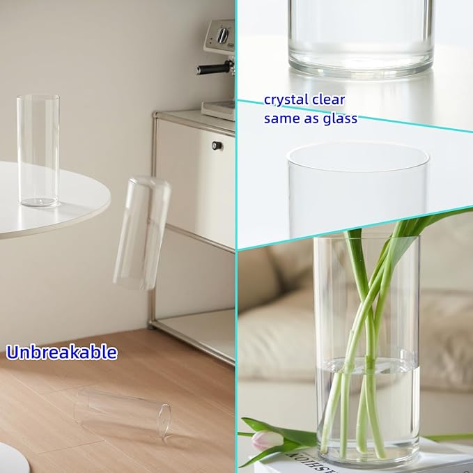 3 Pcs Acrylic Clear Cylinder Flower Vase for Plants Bouquet, Unbreakable Hurricane Tall Large Plastic Vases for Wedding Centerpieces, Hydroponic Decor Base Set of 3 (H 8" + H 10" + H 12" No Flowers)