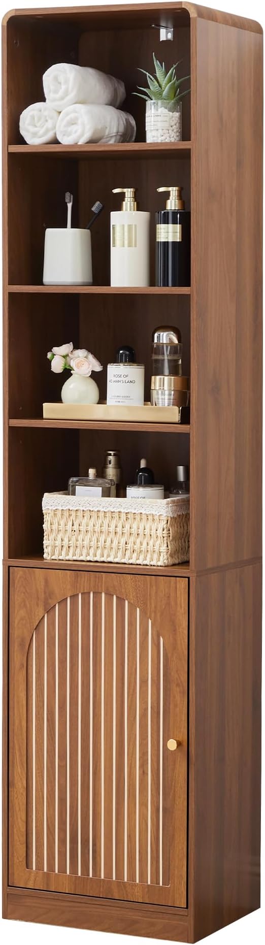 67" Tall Slim Bathroom Storage Cabinet, Narrow Bathroom Towel Cabinet with Arched Door and Adjustable Shelves, Mid Century Modern Laundry Room Organization for Small Space, Kitchen, Living Room,Walnut