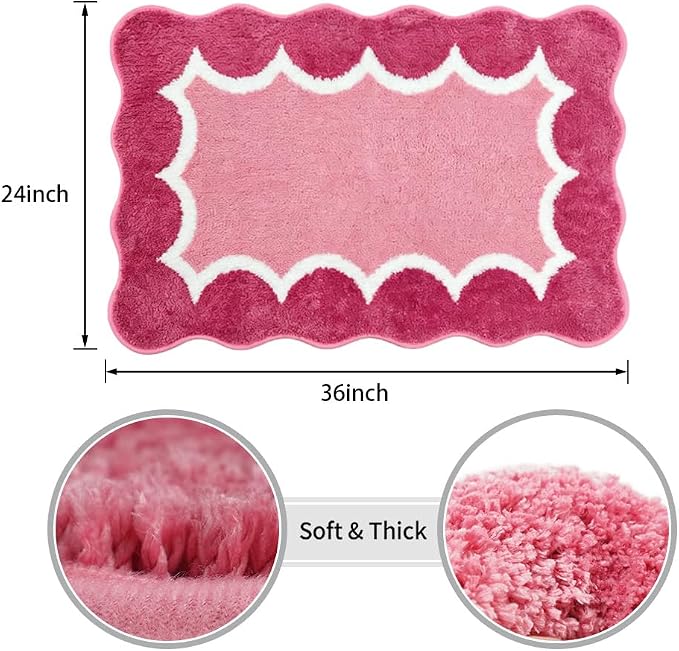 Cute Scalloped Rose Pink Bathroom Rugs Mat,Non Slip Absorbent Quick Dry Bath Mats for Shower Room,Plush Microfiber Bath Rug for Bath Floor Washable Carpet for Shower Tub Sink Bedroom,24"x36"