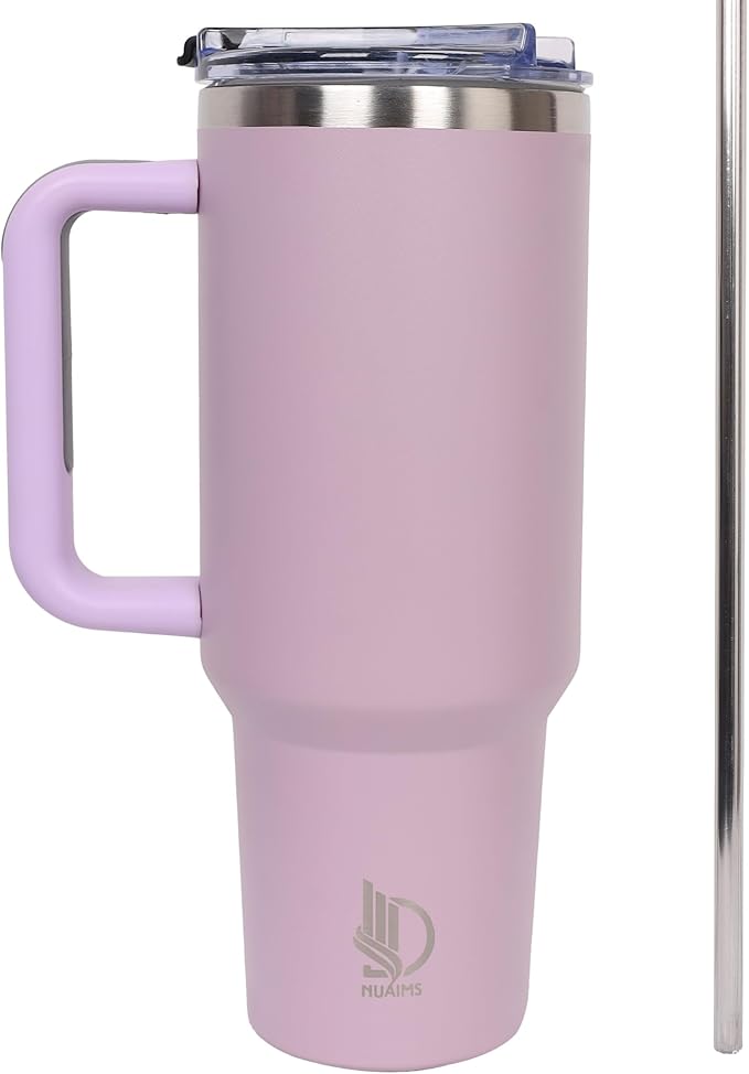 40oz Insulated Tumbler with Handle, Leakproof Straw Lid & Carry Handle - Double Wall Vacuum Insulation Keeps Ice 24 Hours, BPA Free Stainless Steel Water Bottle (Lilac)
