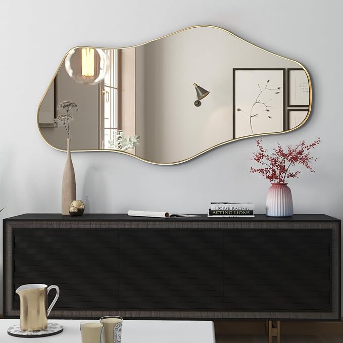 Irregular Wall Mirror, 47.2"x21.5" Asymmetrical Mirror with Gold Metal Frame, Organic Shaped Mirrors for Living Room Bedroom Hallway Entryway Fireplace, Hangs Vertically or Horizontally