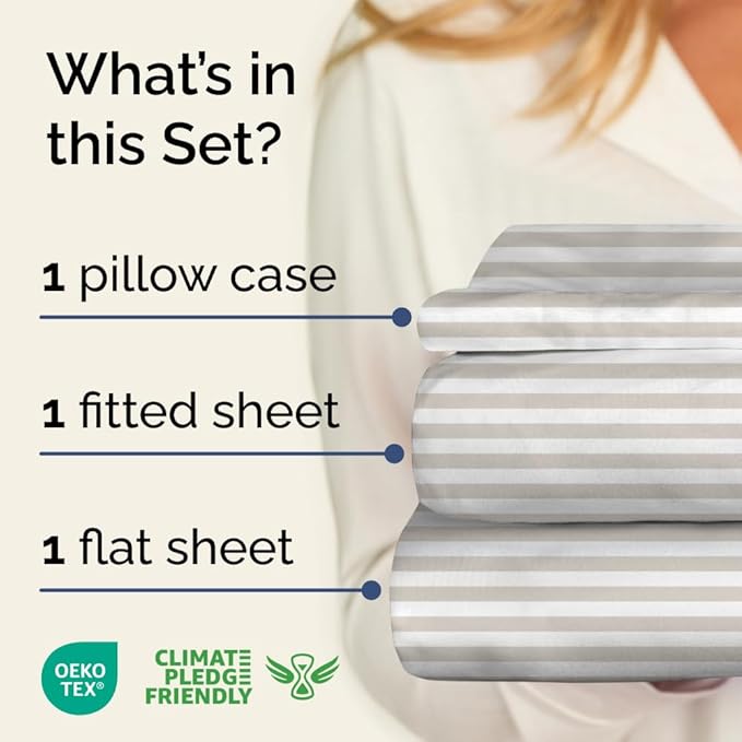 Light Grey and White Striped Sheets - 1 Flat & 1 Fitted Sheet & 1 Pillowcase w/ Deep Pockets - Wrinkle & Fade Resistant - Ultra-Soft, Breathable & Cooling - Luxury Pinstripe Bedding - Twin Size