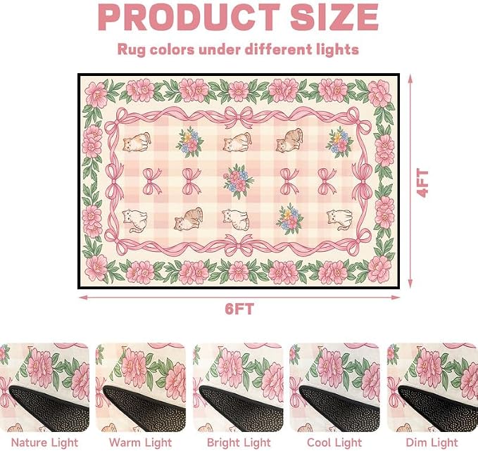 4'x6' Cat Floral Area Rug Pink Bow Flower Carpet Washable Rug Cute Cartoon Boho Floor Mat for Bedroom Living Room Nursery Playroom Classroom Home Decor