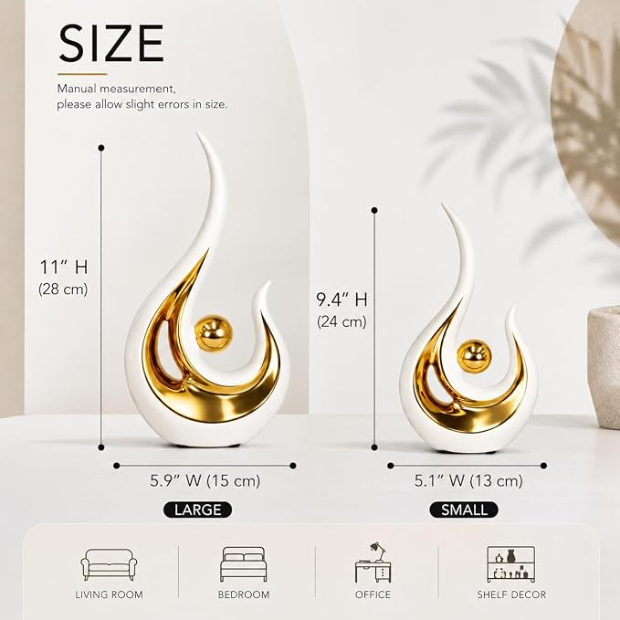 2Pcs Abstract Art Ceramic Statue, Modern White Gold Sculpture for Home Decor, Shelf Decorations Table Centerpiece for TV Stand, Console Table, Dining Room, Living Room, Office