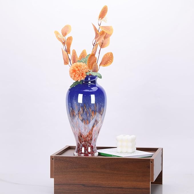 11.8" Tall Blue Glass Vase Beautiful Hand Blown Glass Vase Modern Art Home Decor, Wide Mouth Colorful Vases for Mantle Dining Table Centerpiece, Entryway Living Room Wedding Decoration